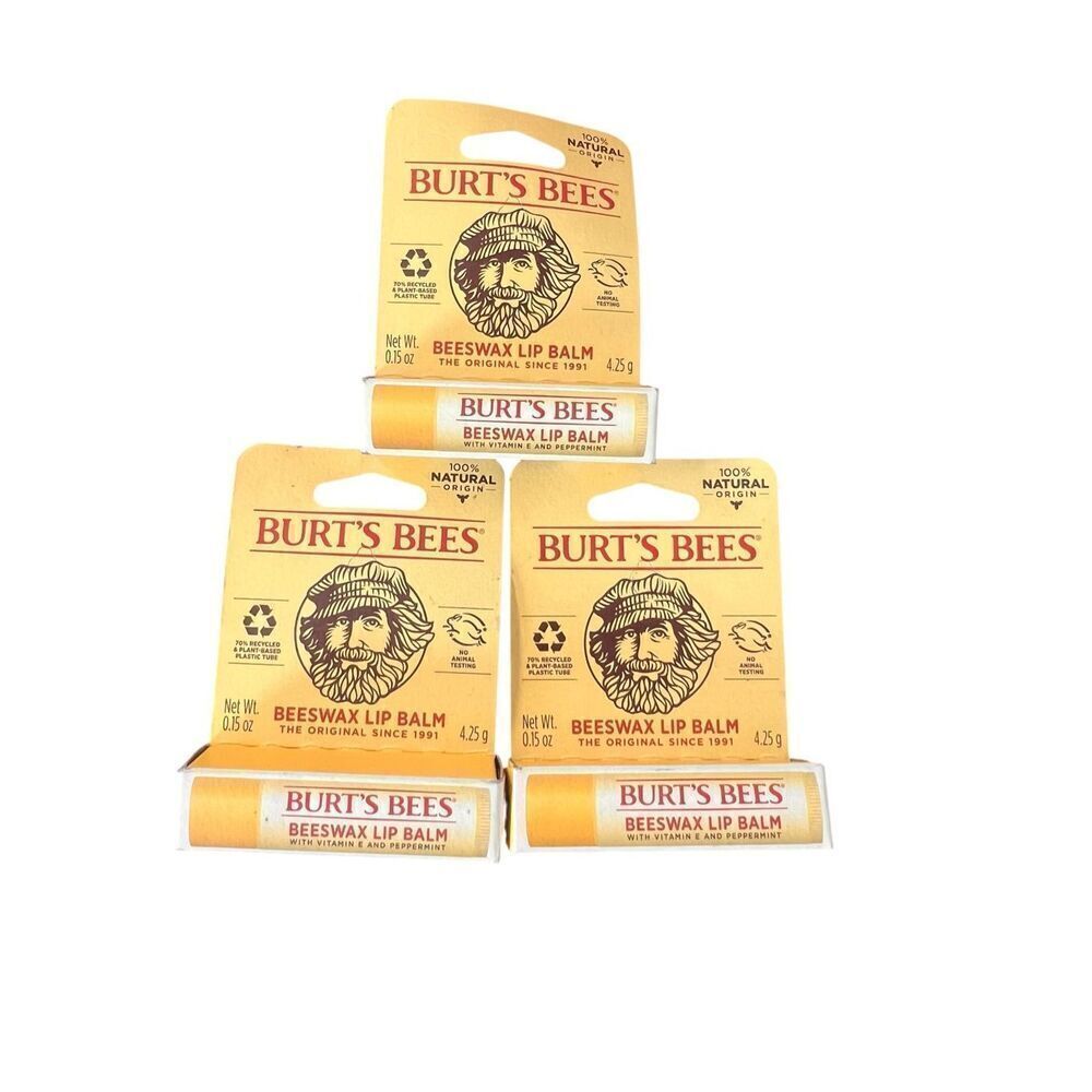 3 BURT'S BEES BEESWAX LIP BALM  with Vitamin E & Peppermint natural